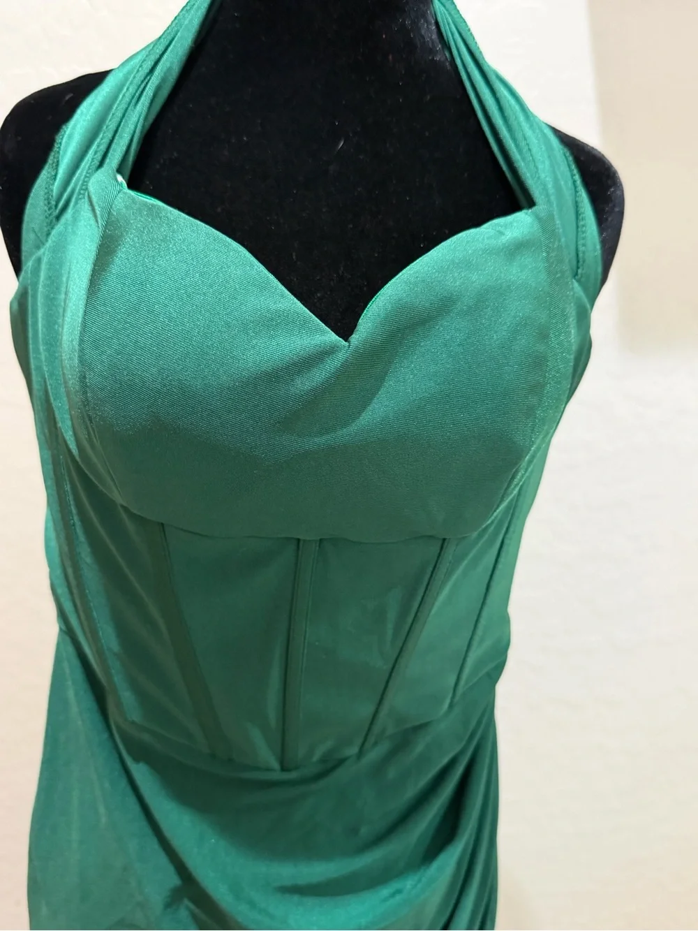 AOSHABABI Emerald Green Halter Corset Maxi Dress Lace Up Back Slit Formal Size S - Picture 5 of 5